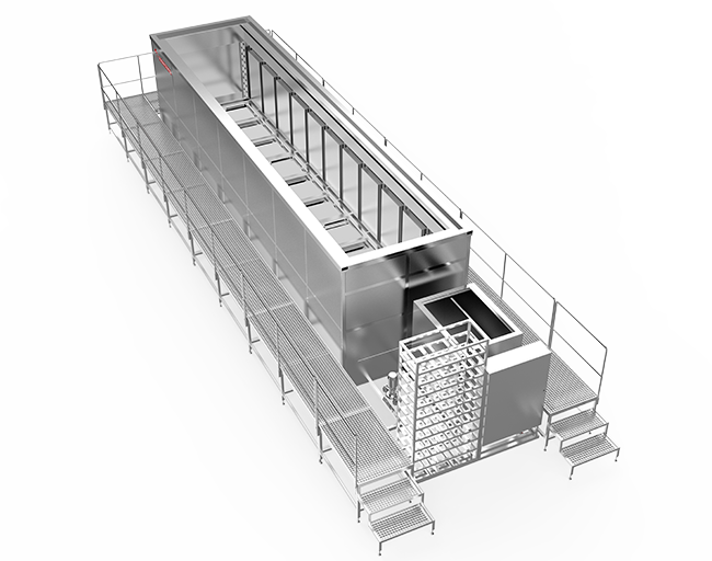 Ultrasonic transducer plates installed in large cleaning tank for uniform cavitation